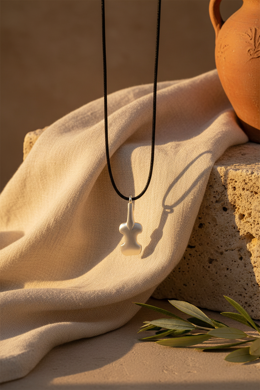 Necklace with a pendant draped over beige fabric with a terracotta pot in the background.