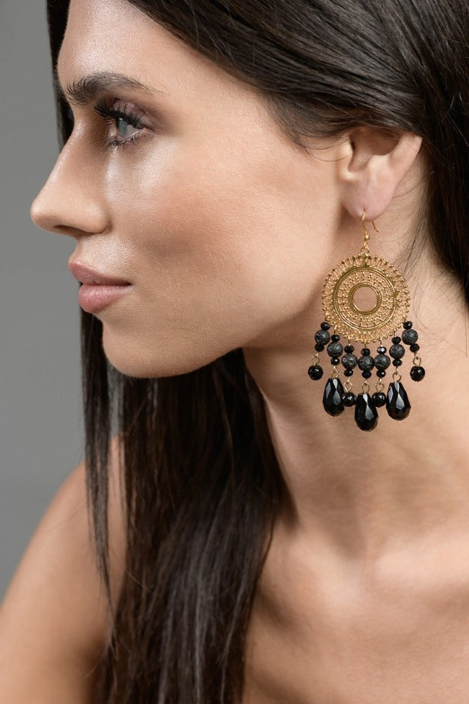 Chandelier 18k Gold Plated Black Earrings