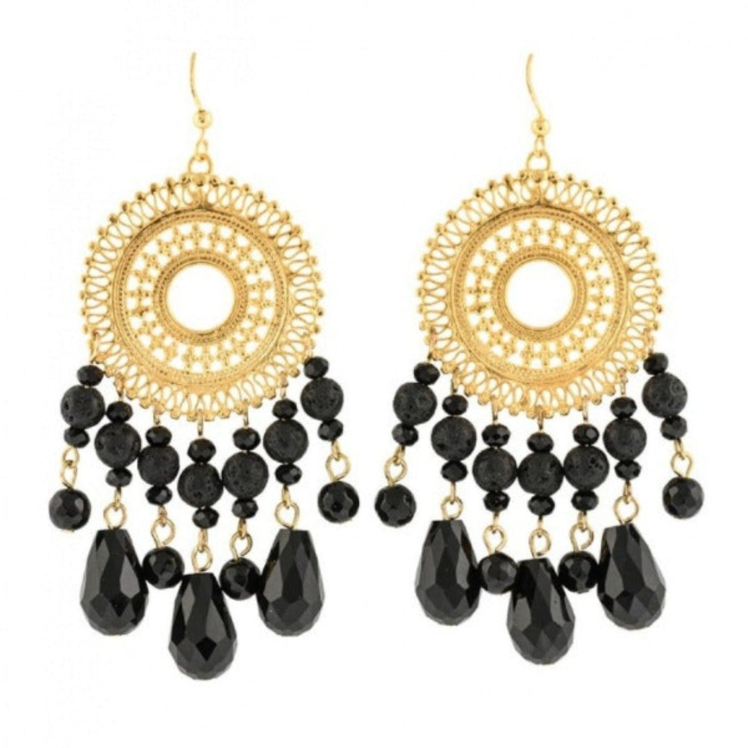 A pair of gold-plated chandelier earrings featuring black lava and crystal stones.