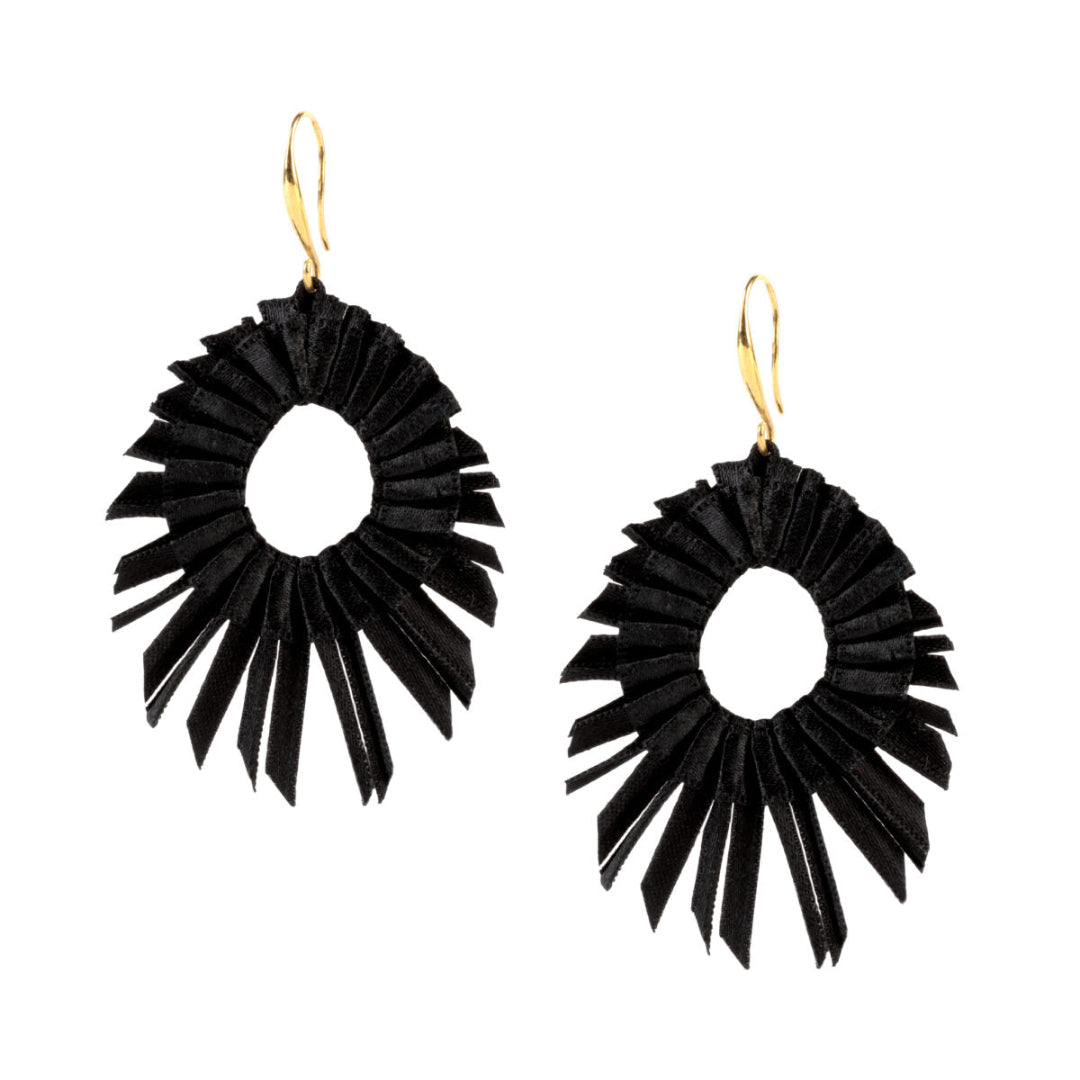 Black ruffled earrings on a white background