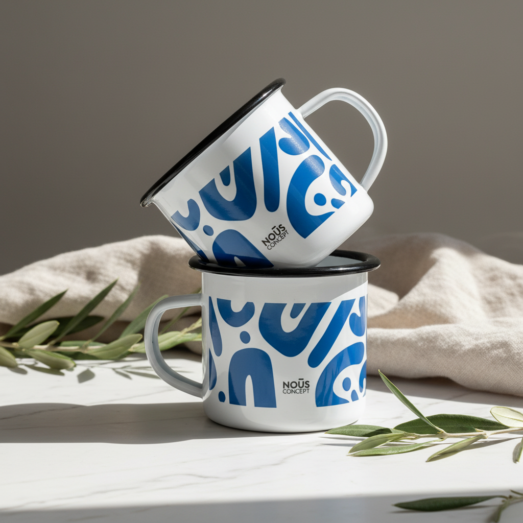 Two white mugs with blue patterns stacked on a light surface with a beige cloth and green leaves in the background.