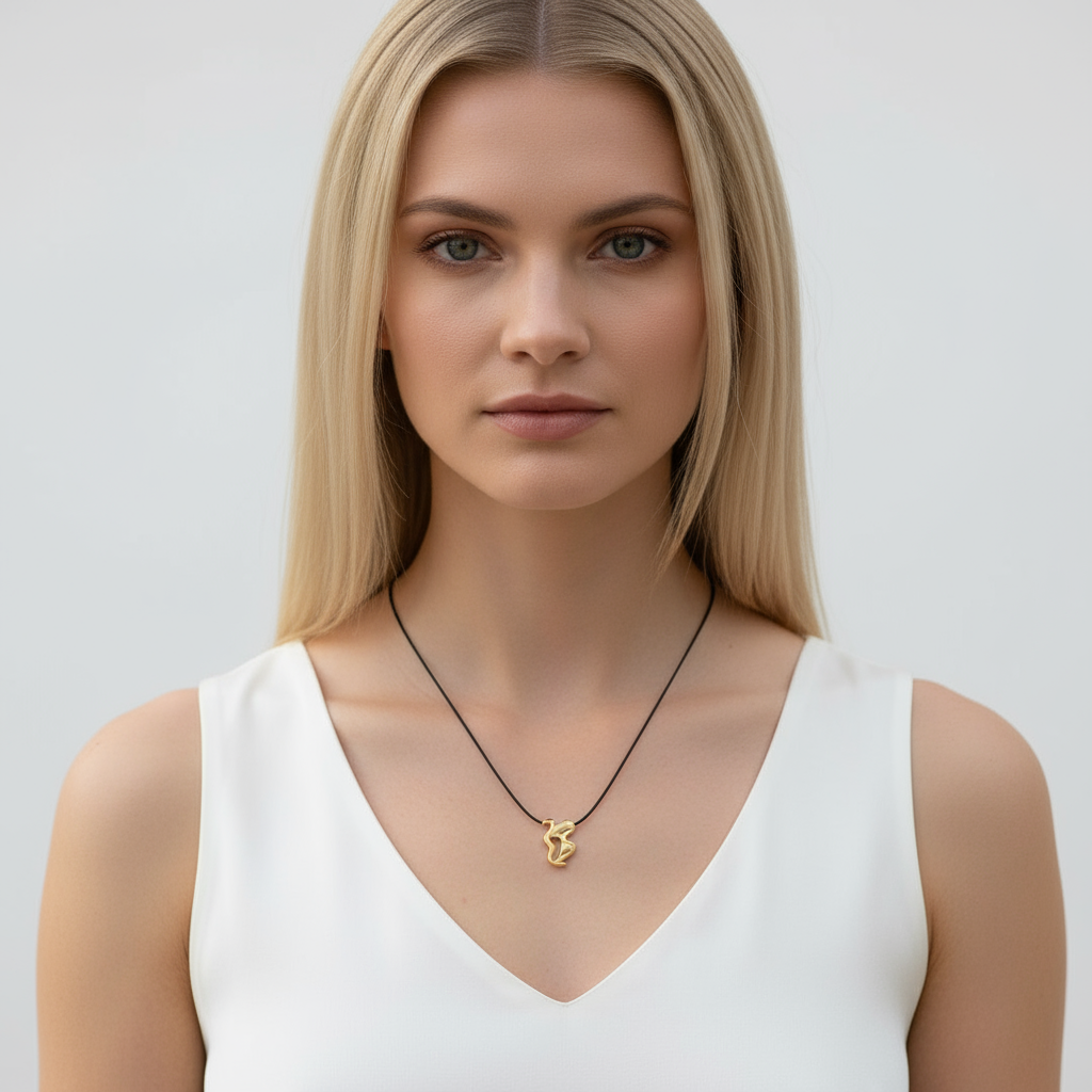 Woman wearing a necklace with a gold heart pendant against a plain background
