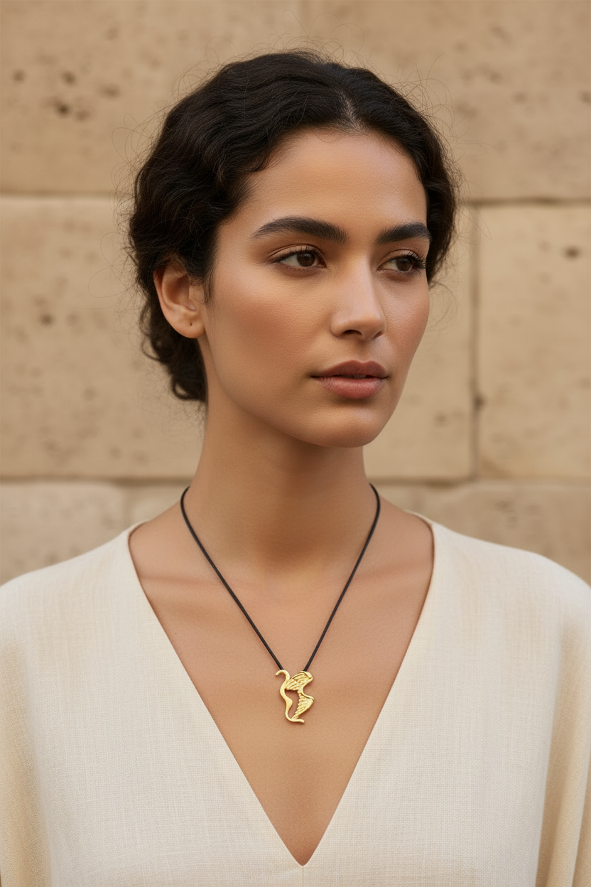 Woman wearing a gold necklace with a pendant against a beige wall.
