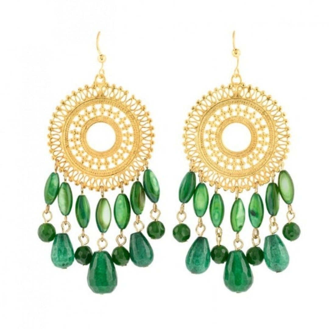 A pair of gold-plated chandelier earrings with green semi-precious stone droplets.