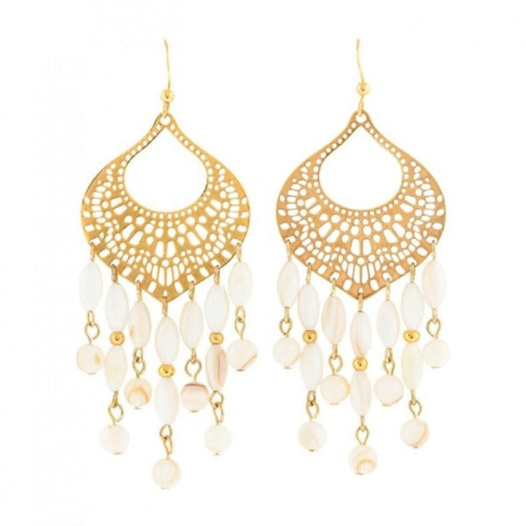 A pair of gold-plated chandelier earrings with white semi-precious stones.