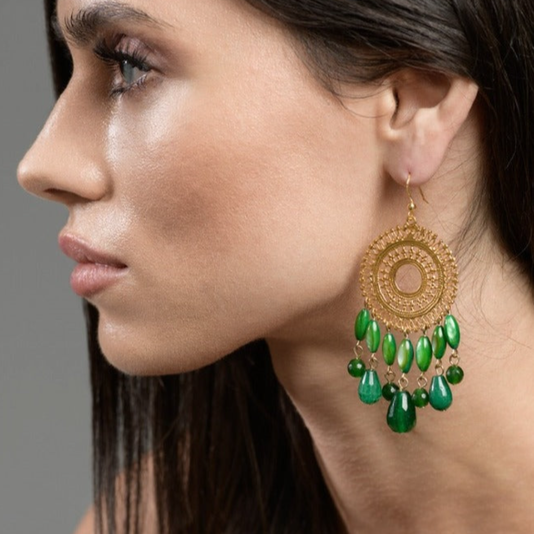 Chandelier 18k Gold Plated Green Earrings