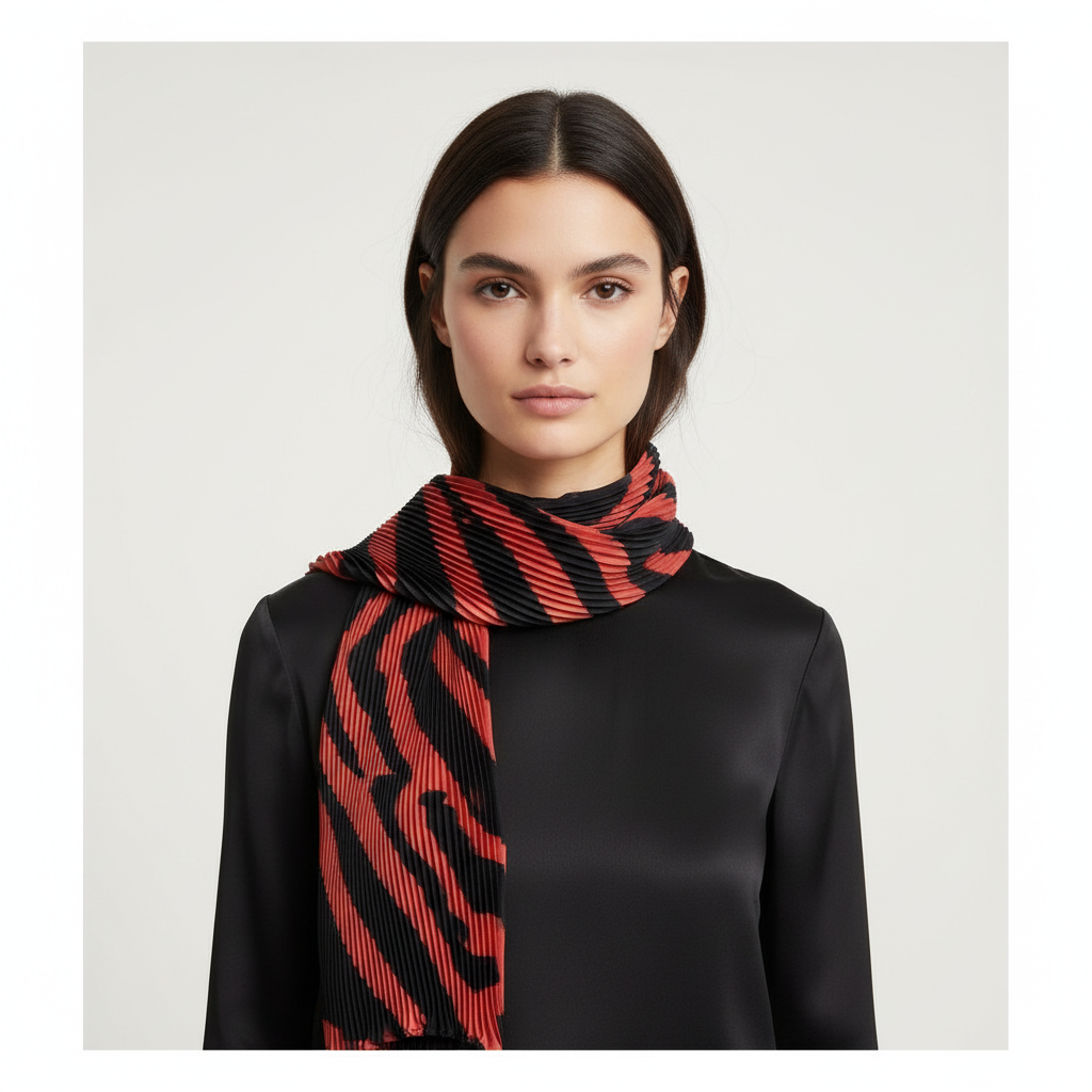 Woman wearing a black and red patterned scarf on a white background