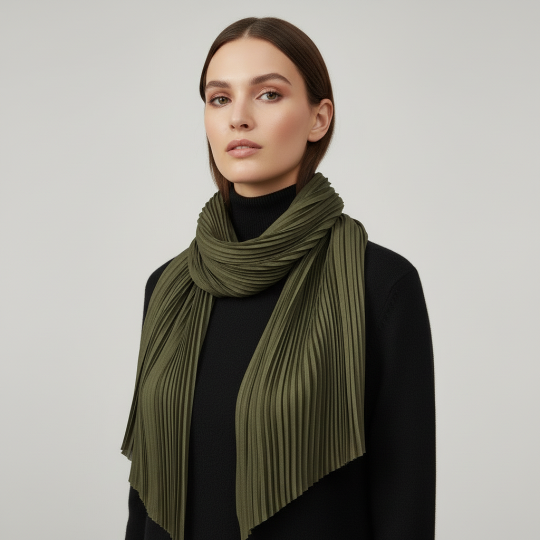 Woman wearing a green scarf on a plain background