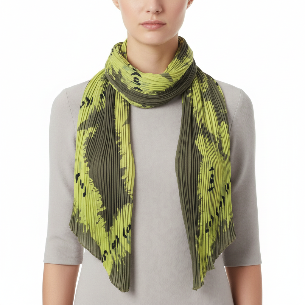 Person wearing a green and black patterned scarf on a white background