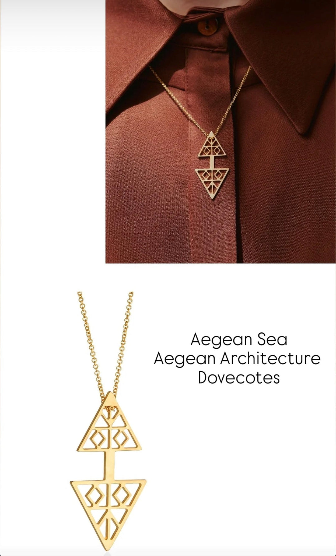 Gold necklace with geometric design on a brown shirt, labeled 'Aegean Sea, Aegean Architecture, Dovecotes'.