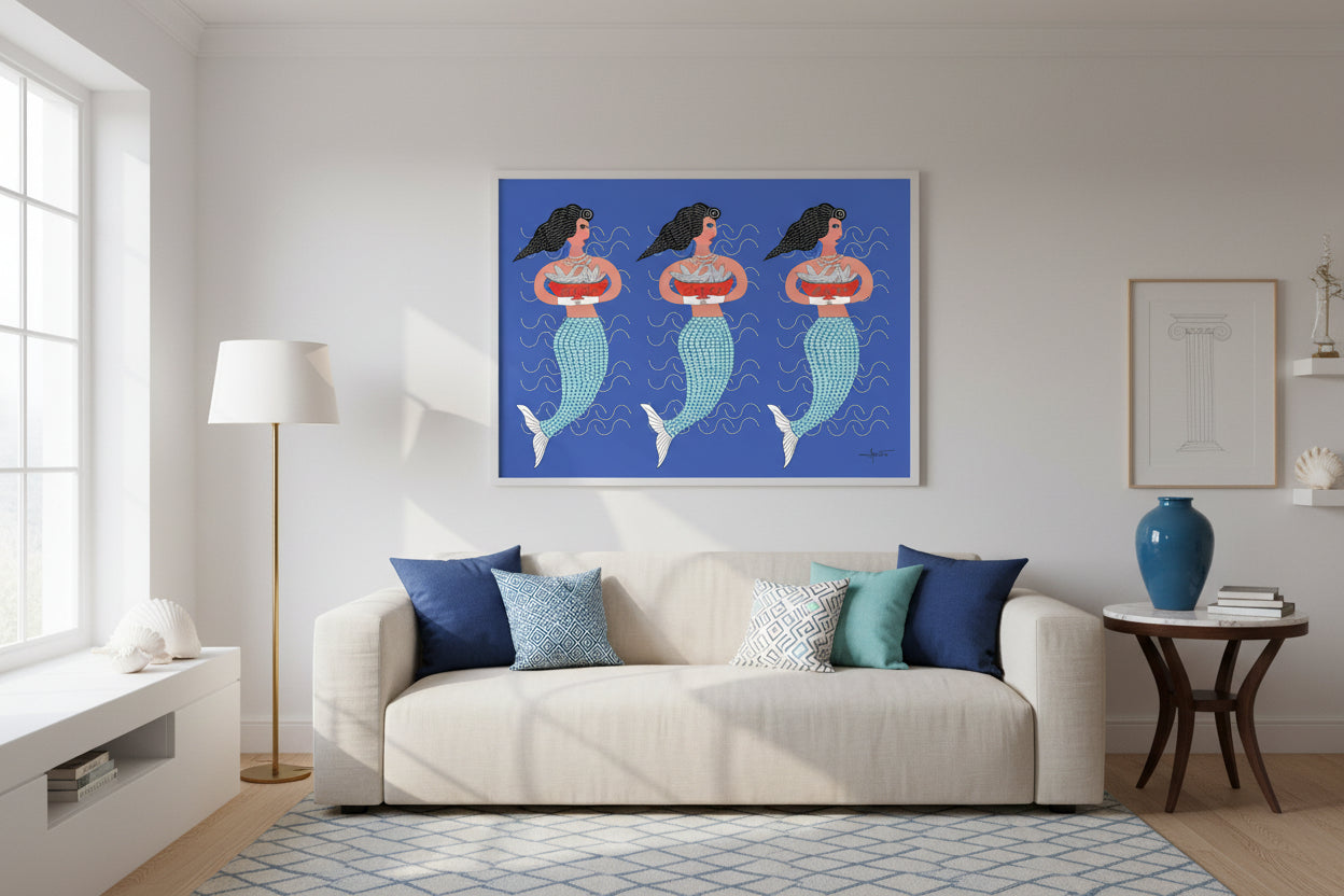 Three mermaids holding a bowl of food on a blue background with wave patterns.