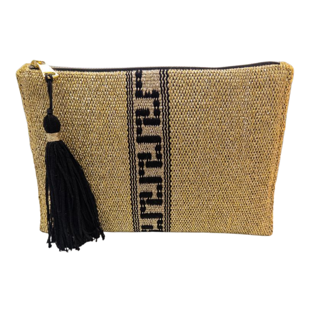 Beige clutch bag with black tassel and text on a white background