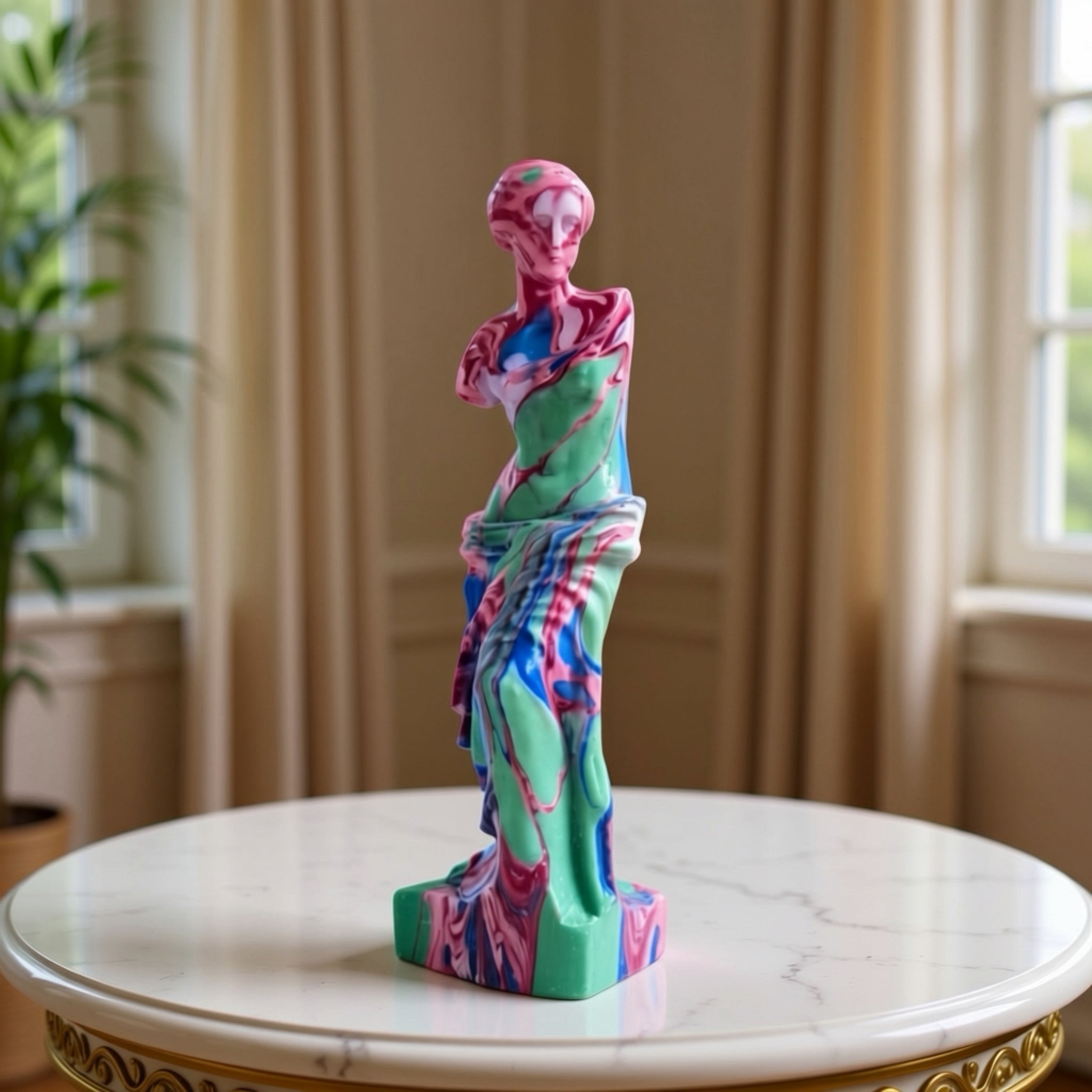 Colorful abstract sculpture on a marble surface with a blurred indoor background