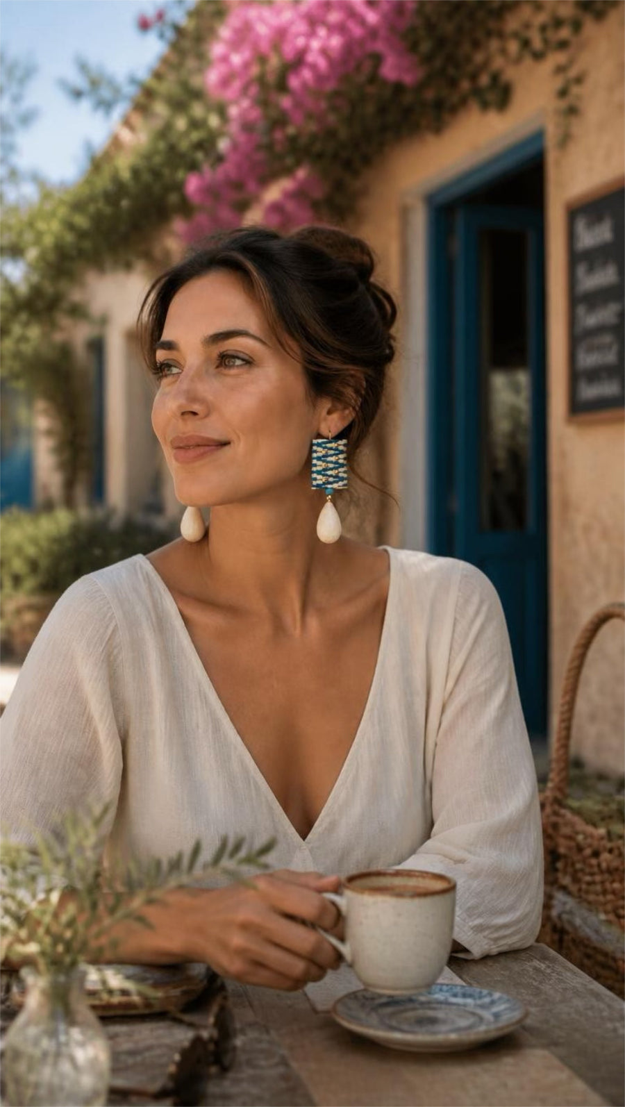 A woman wearing a white V-neck blouse and blue-and-white beaded drop earrings sits at an outdoor cafe table holding a cup of coffee.