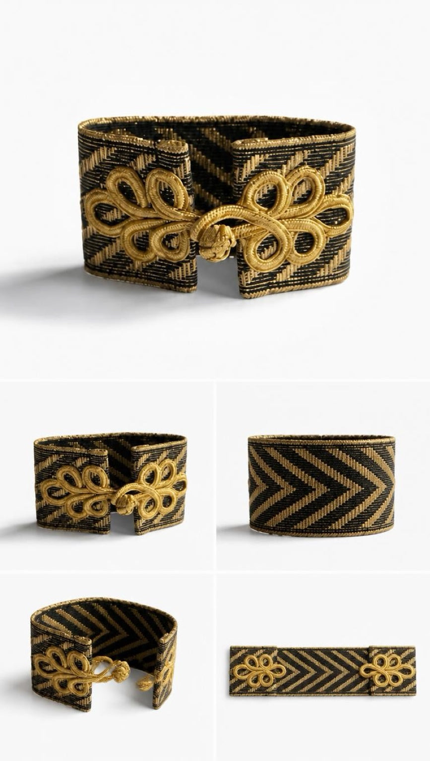 A woven cuff bracelet shown from multiple angles on a light gray background. The bracelet has a black and gold patterned body with a large gold floral knot closure and geometric chevron details.