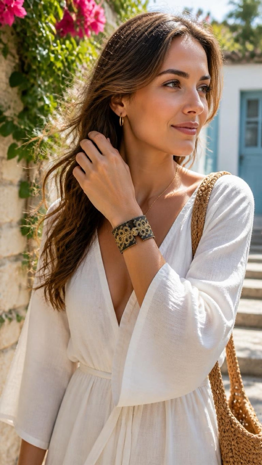 A woman wearing a white bohemian-style dress and a leopard-print cuff bracelet, standing outdoors next to a stone wall with pink flowers.