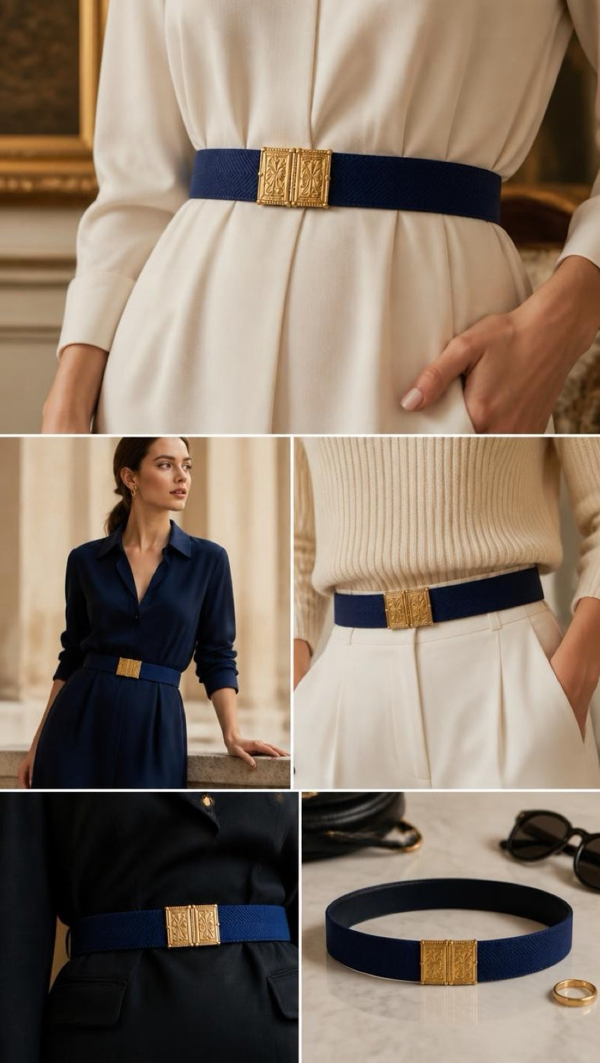 Royal Blue Belt Byzantio styled several ways, with a close-up of the belt