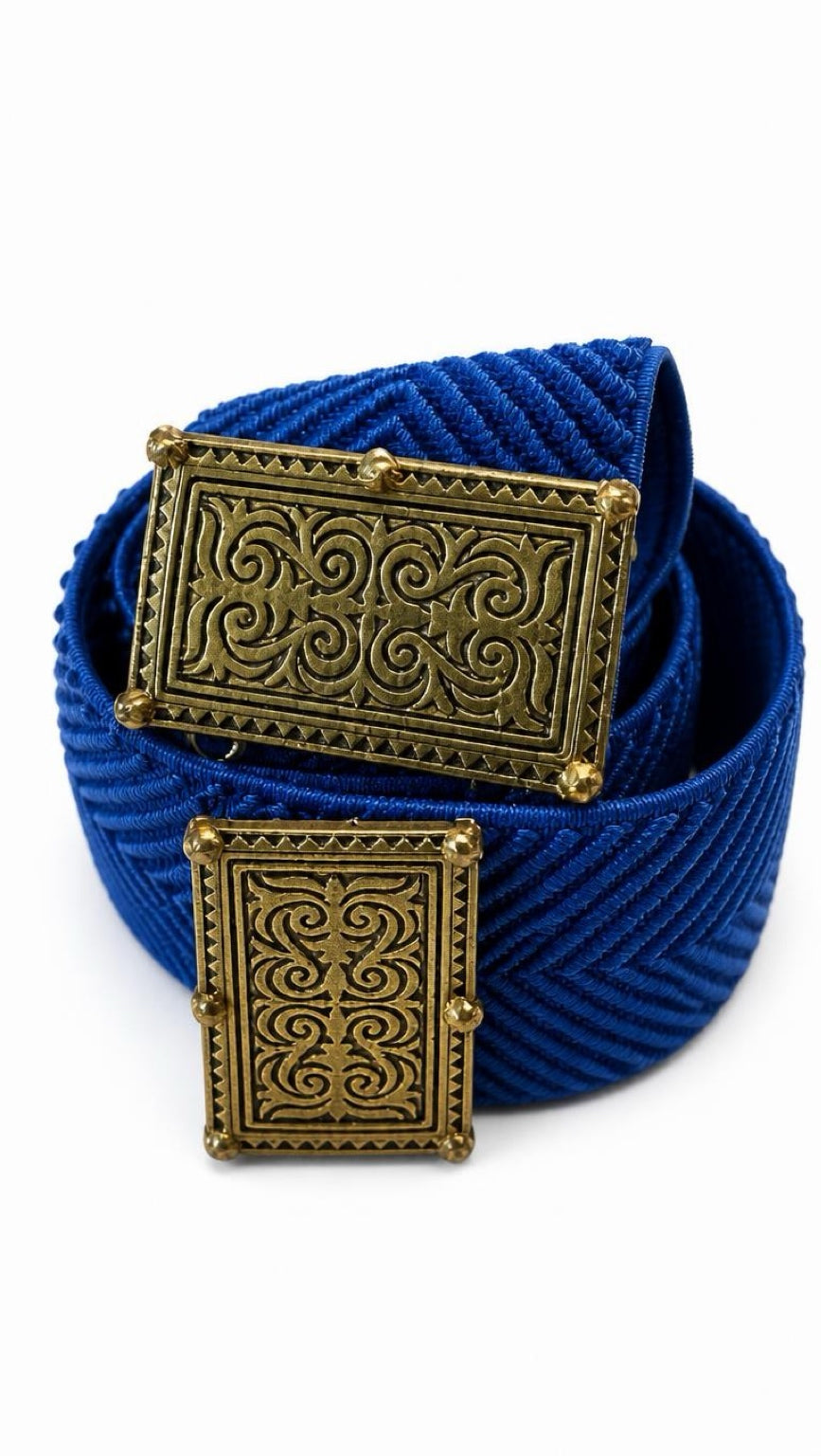 Royal Blue Belt Byzantio coiled, showing the antique-gold Byzantine buckle