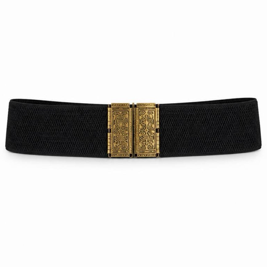 Black Belt Byzantio by Tzave Designs – wide black elastic belt with gold-tone Byzantine buckle