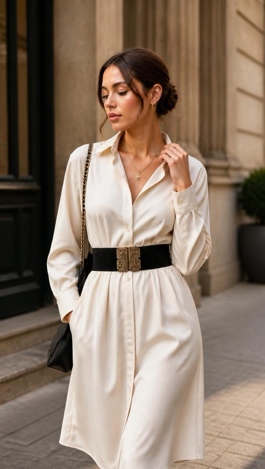 Woman in a cream shirt dress wearing the Black Belt Byzantio, walking in the city