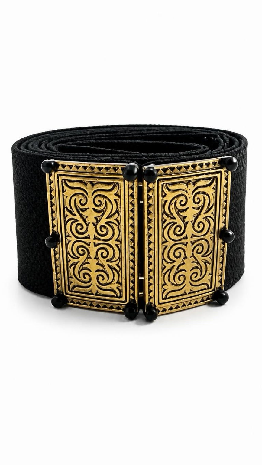 Black Belt Byzantio gold buckle with embossed Byzantine scrollwork and geometric detail