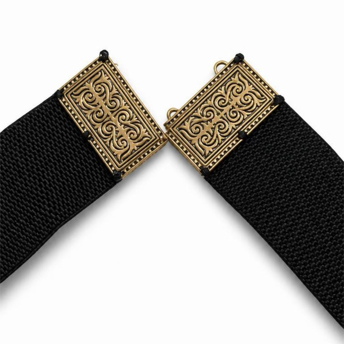 Close-up of the Black Belt Byzantio ornate gold-tone buckle