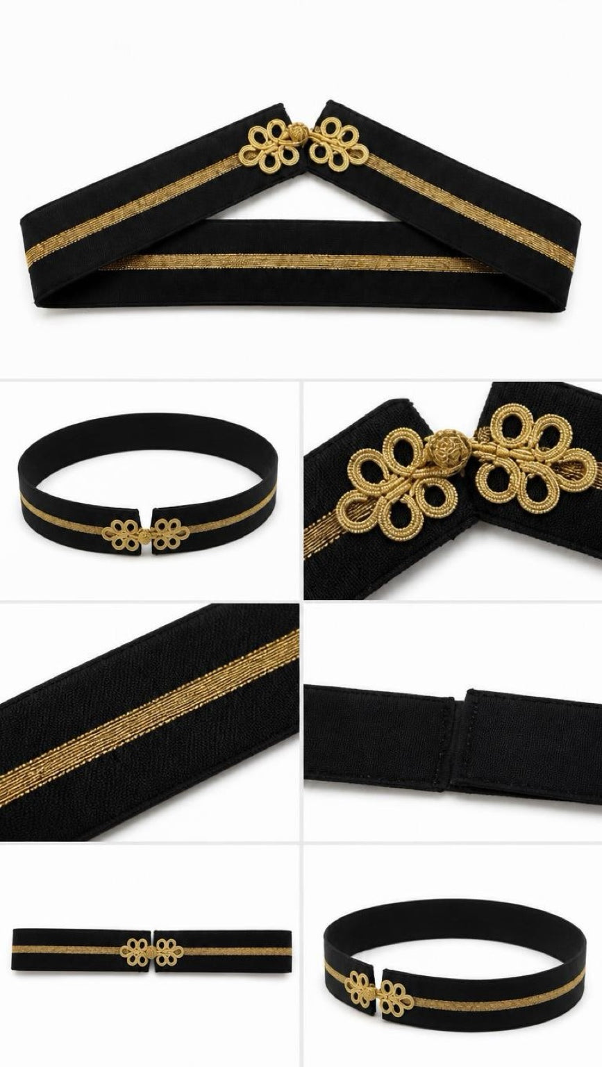 Gold Black Belt Byzantio shown from multiple angles, gold loops at centre front