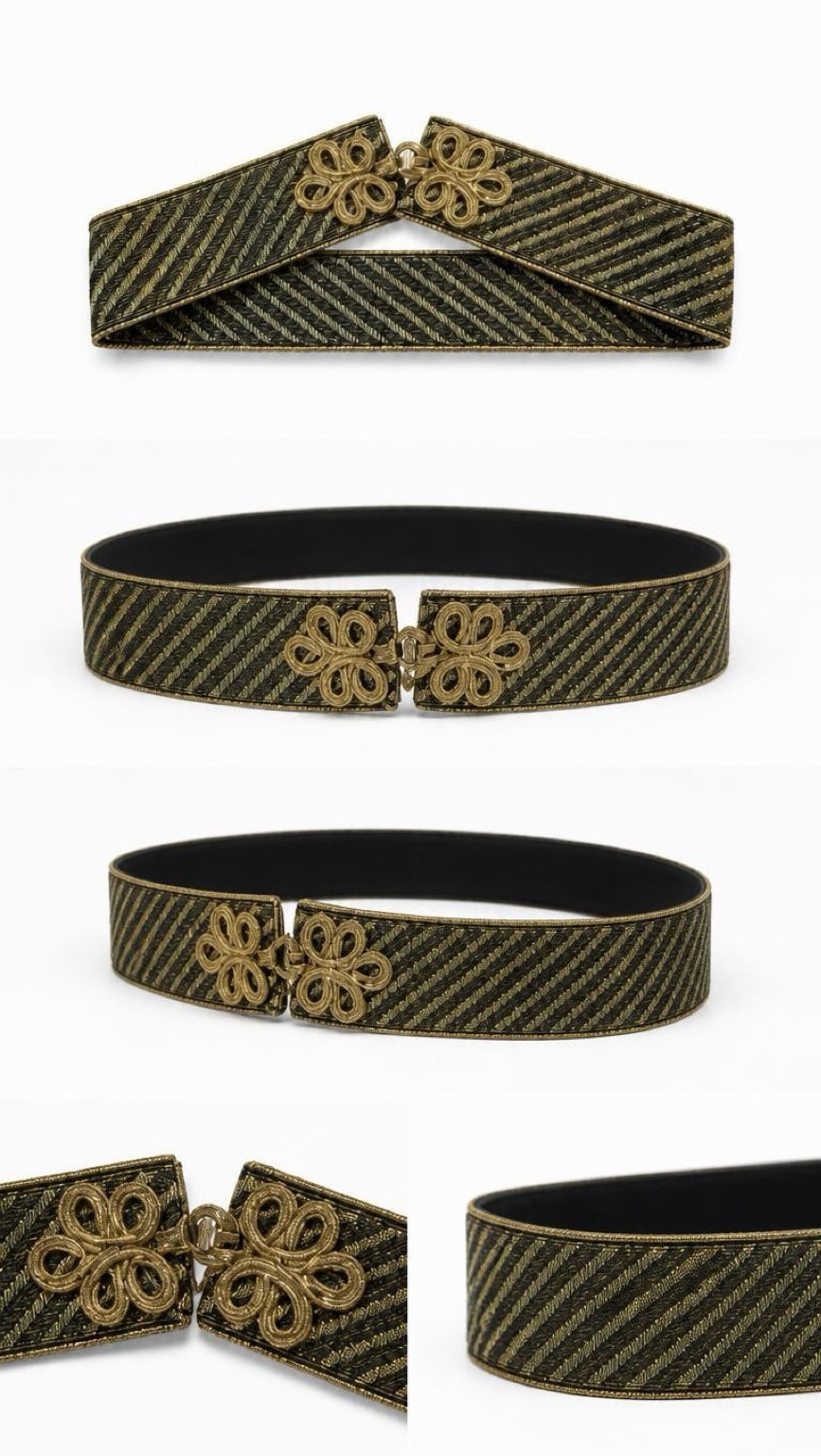 Gold Belt Byzantio shown from several angles, with gold filigree charm at the centre
