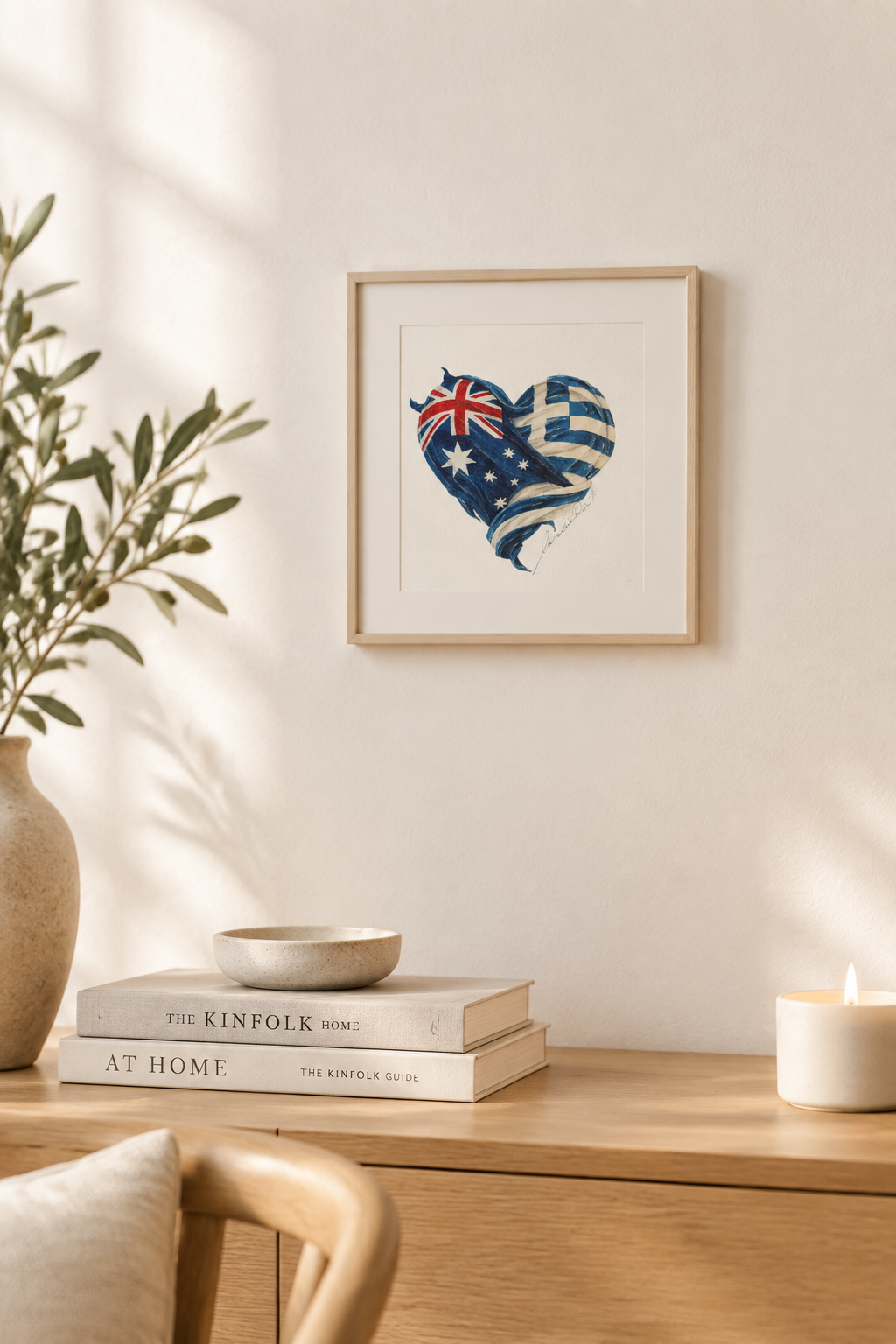 TWO HEARTS (Small Prints Collection) – Greek-Australian heart flag art print by Caroline Rovithi, framed on a sideboard, styled | Thalassea