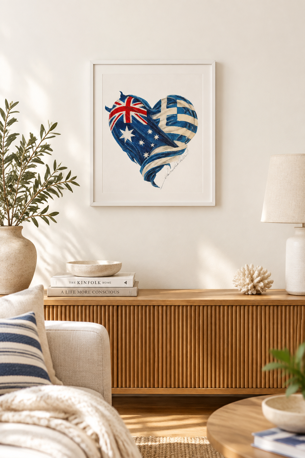 TWO HEARTS (Small Prints Collection) – Greek-Australian heart flag art print by Caroline Rovithi, framed in a living room, styled | Thalassea