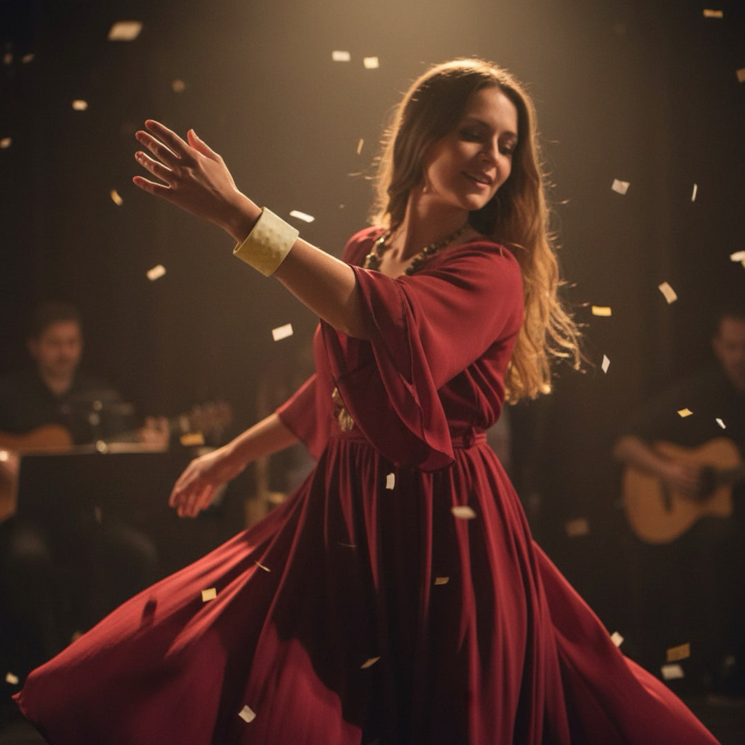 Woman in a red dress dancing with confetti in a dark room with musicians in the background