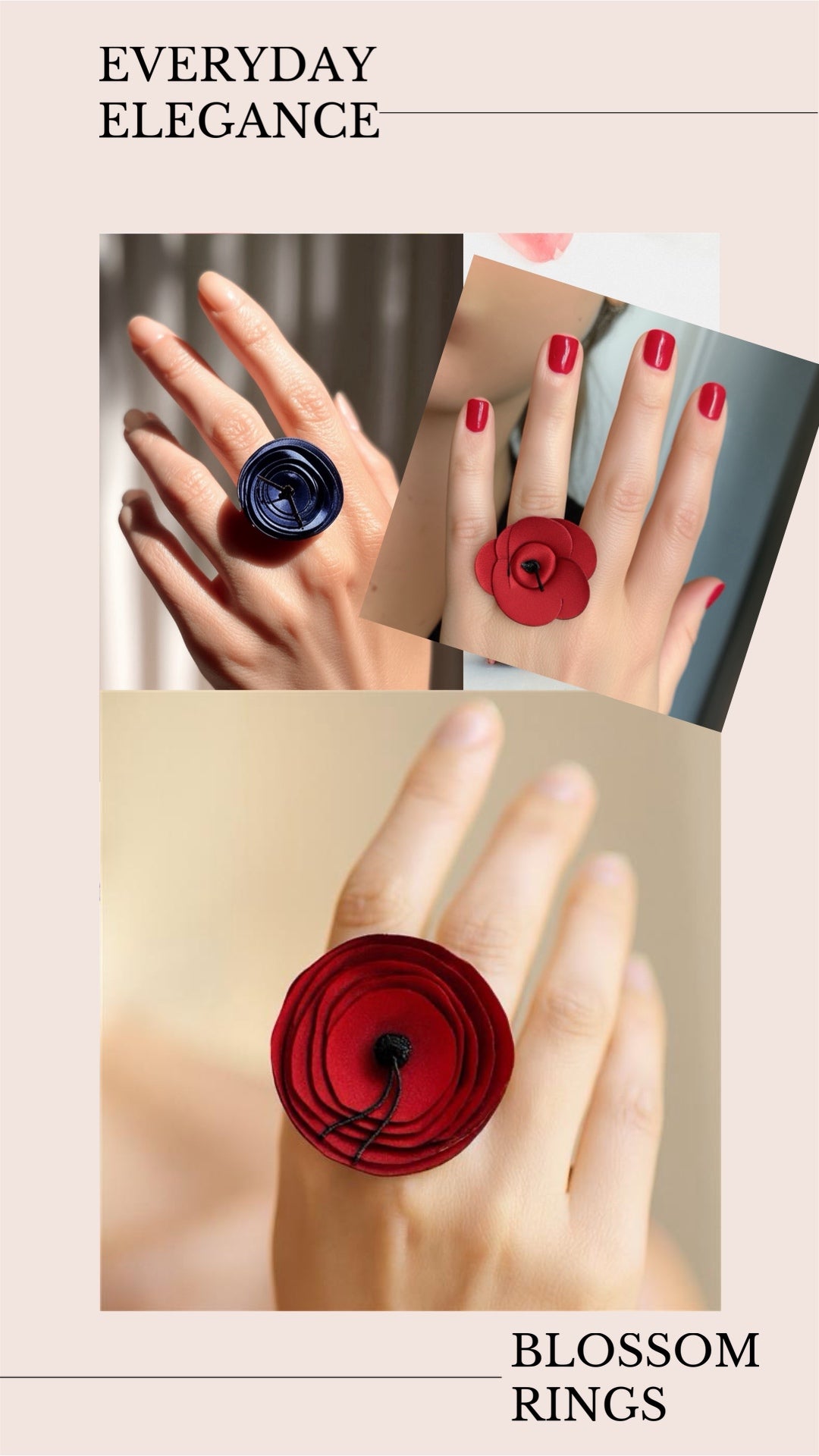 Three hands wearing floral rings with 'Everyday Elegance' and 'Blossom Rings' text.