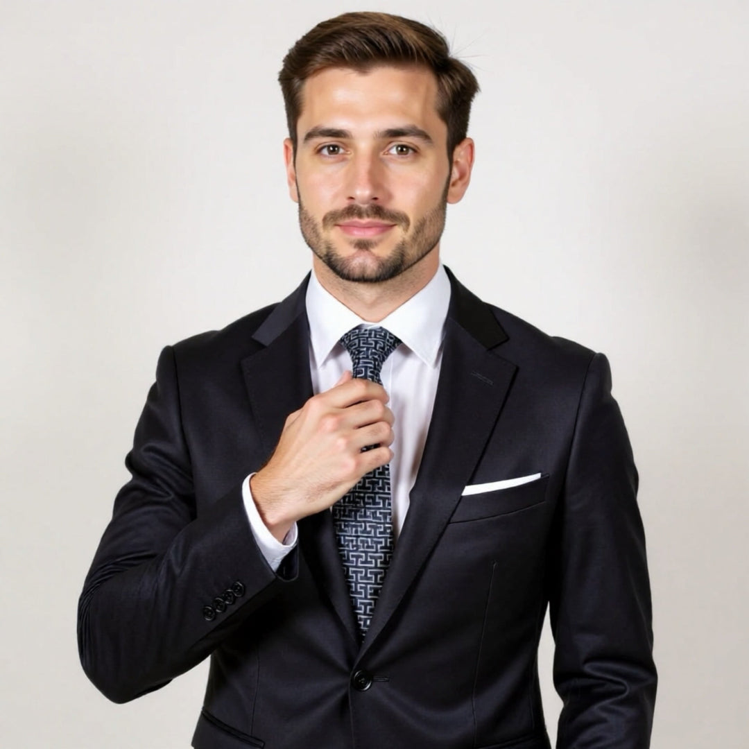 Man adjusting his tie in a formal suit against a plain background