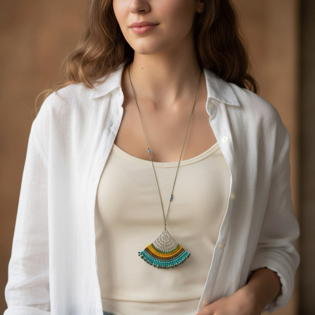 Macrame Ventalia Necklace - Artisan Elegance with Brass Accents