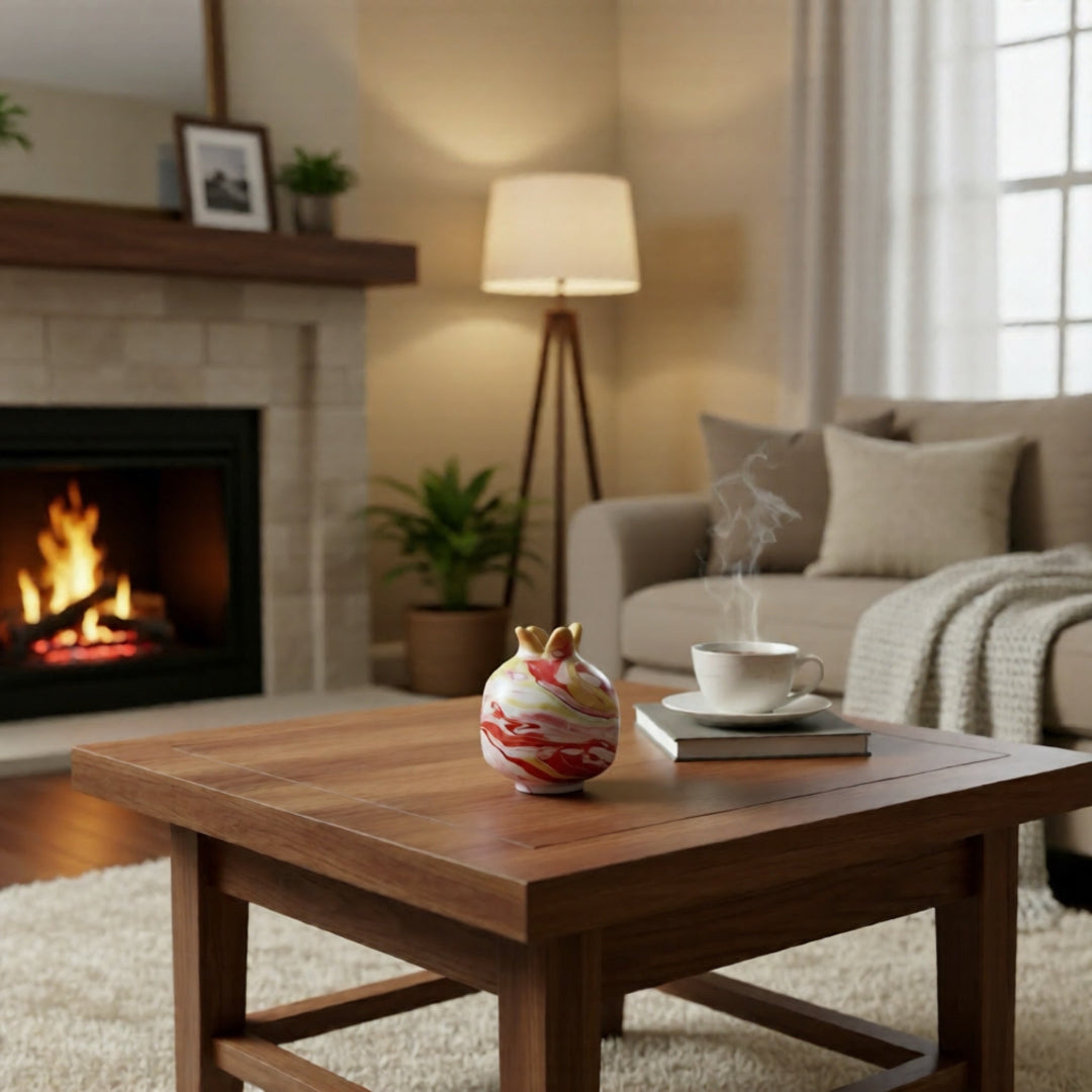 Cozy living room with a fireplace, wooden coffee table, and decorative items.