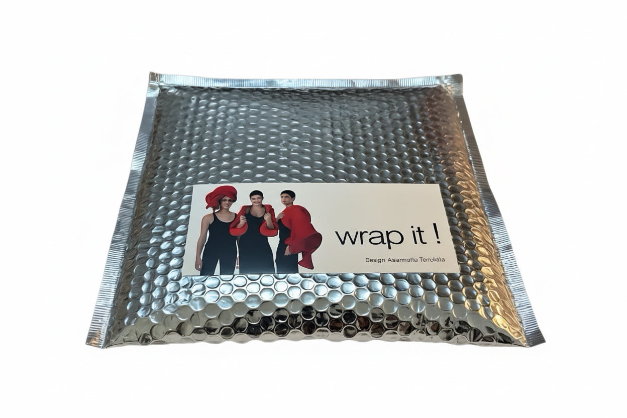 Silver bubble wrap envelope with 'wrap it!' branding on a white background