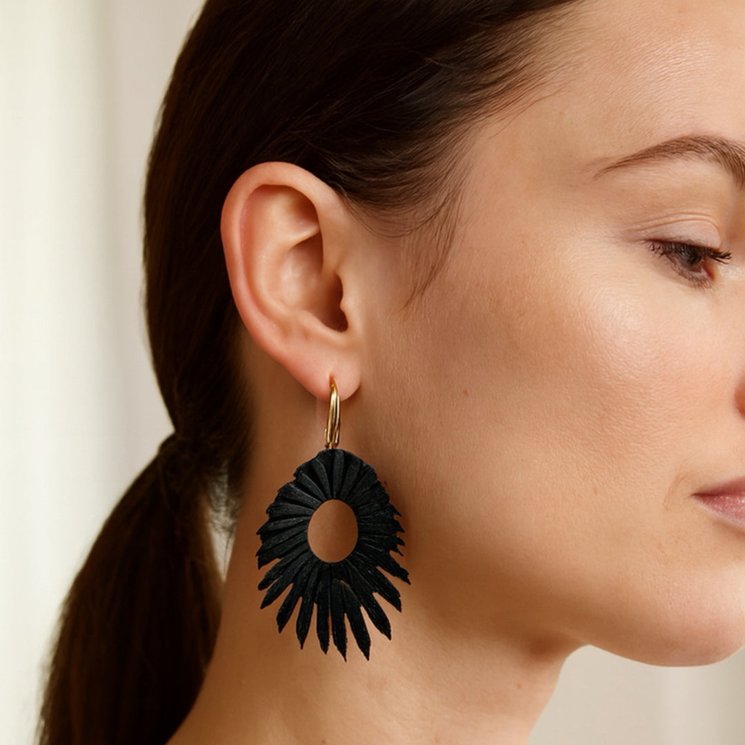 Close-up of a woman wearing a black floral earring with a neutral background