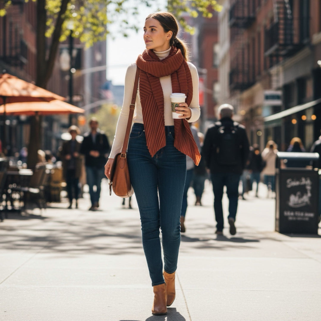 Woman walking on a city street holding a coffee cup, wearing a red scarf and blue jeans.
