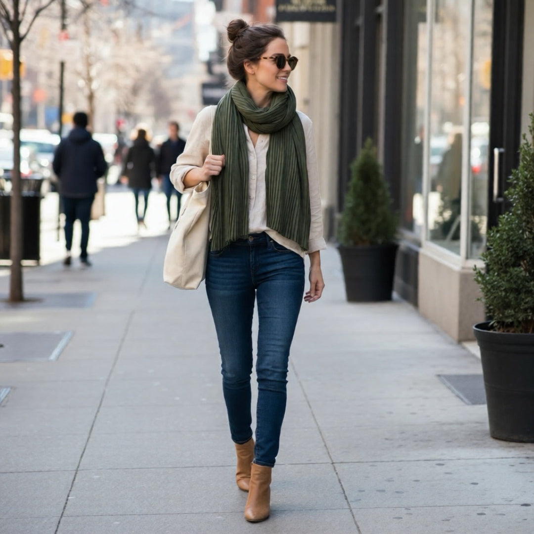 Woman walking on a city street wearing a green scarf, beige coat, blue jeans, and brown boots.