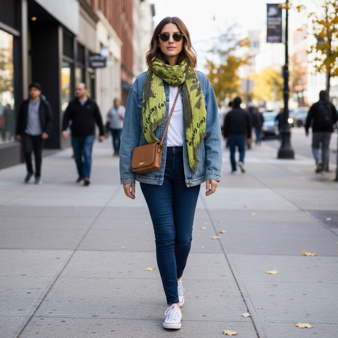 Woman walking on a city street wearing a denim jacket, green scarf, and white sneakers.