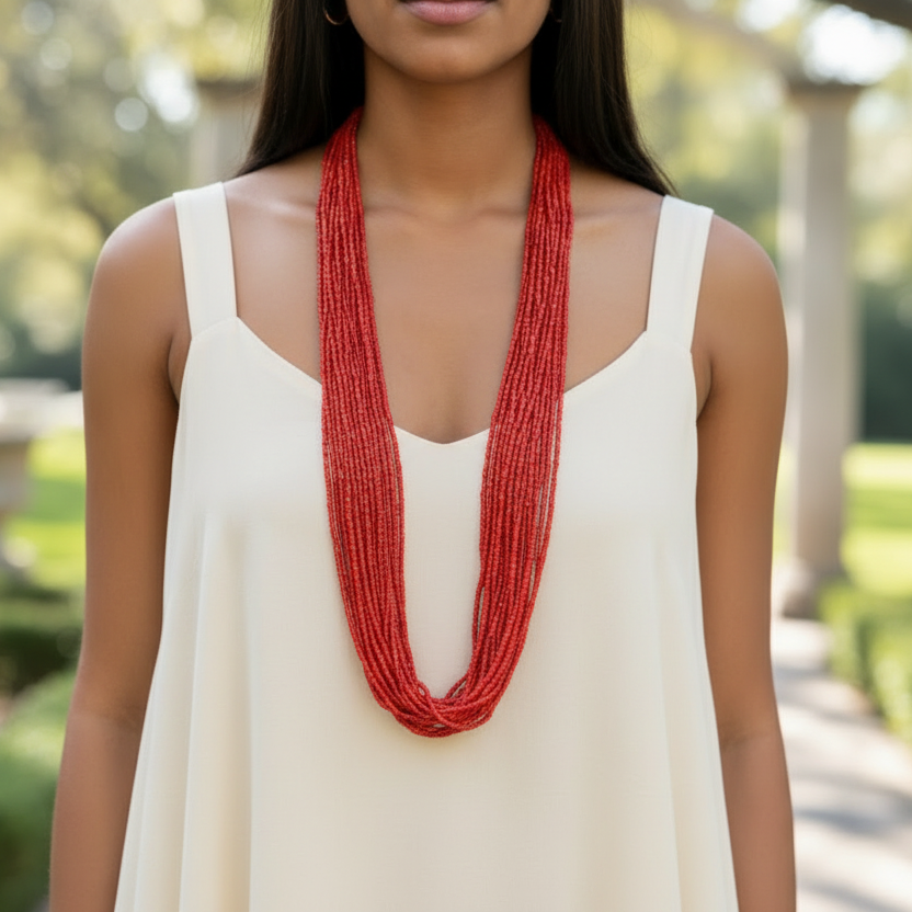 Woman wearing a long red necklace outdoors with greenery in the background