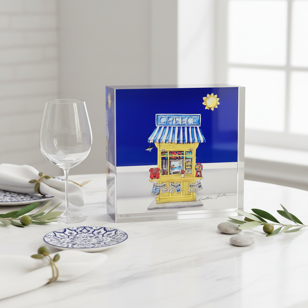 Clear acrylic block with a miniature model of a Greek street stall on a white surface.
