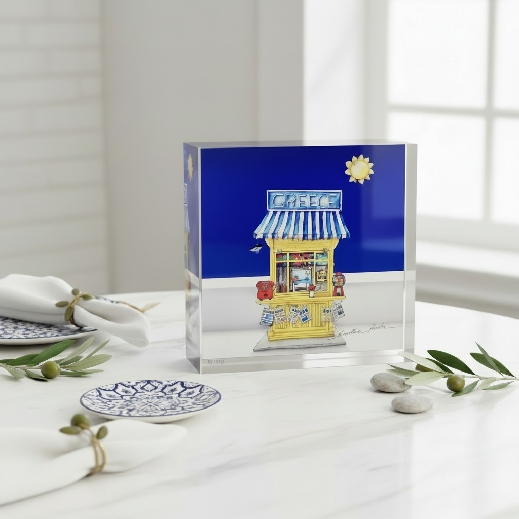 Clear acrylic block with a miniature model of a Greek street stall on a white surface.