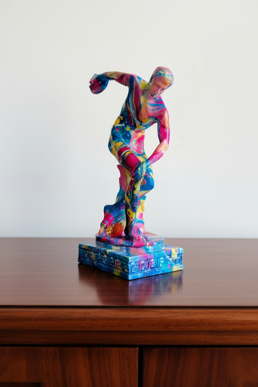 Colorful abstract sculpture on a wooden surface with a white background