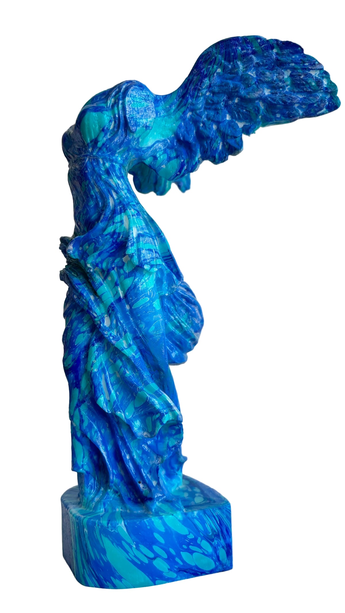 Winged Victory of Samothrace Statue Blue – handmade Greek Ebru-marbled statue in cobalt and turquoise, side view | Thalassea