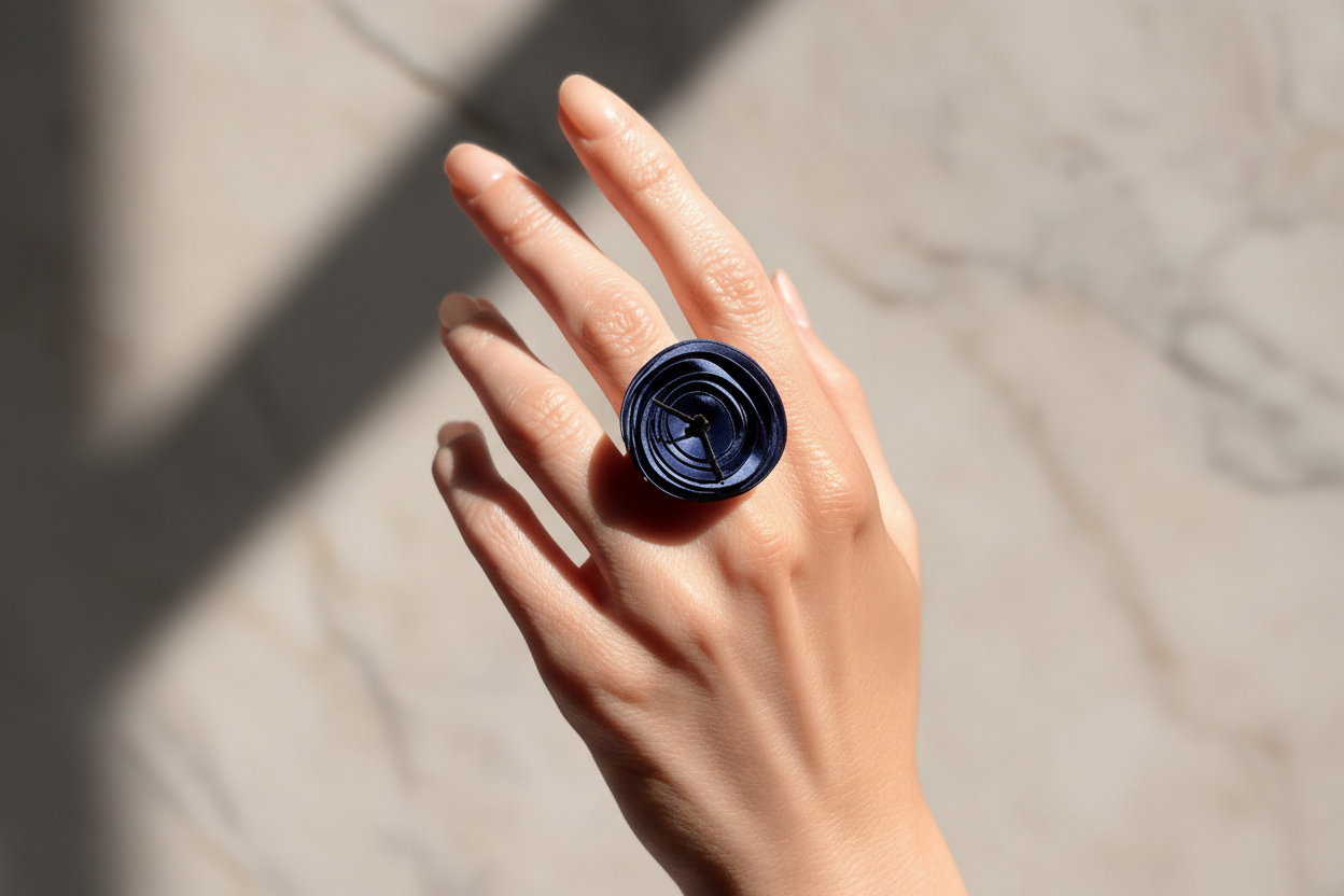 Hand wearing a black ring on a neutral background
