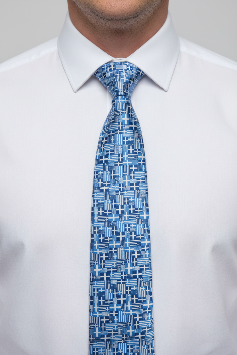 Blue patterned tie worn with a white shirt against a neutral background