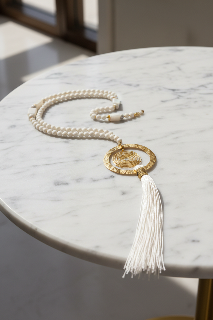 Pearl necklace with a gold pendant and tassel on a marble table