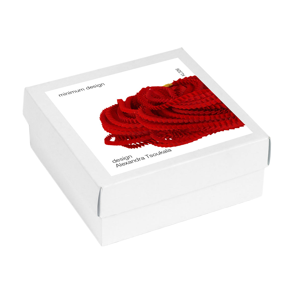 White box with a red fabric item inside, featuring 'minimum design' branding.
