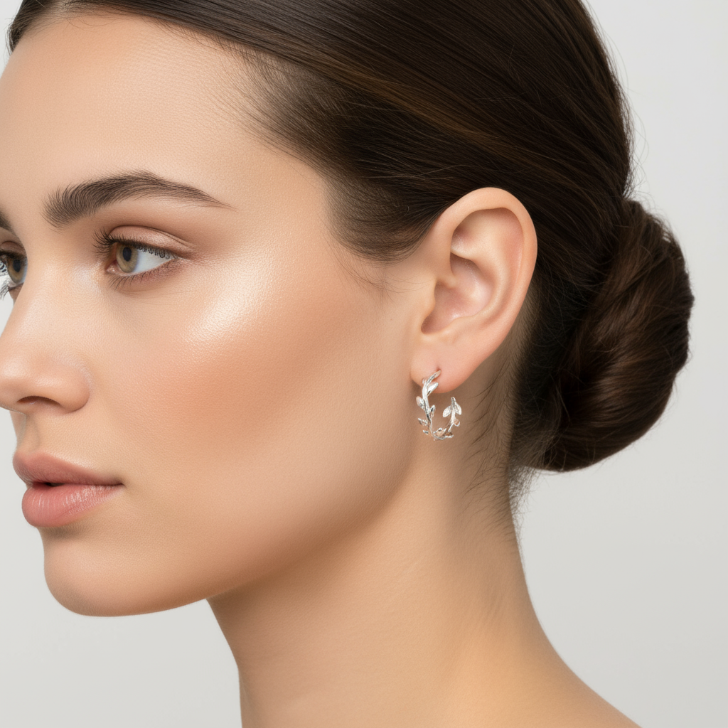 Olive Leaves Silver Hoop Earrings